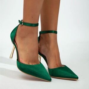 Satin Stiletto Heeled Ankle Strap Pumps